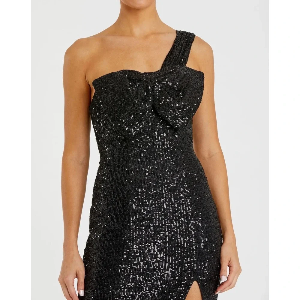 IEENA FOR MAC DUGGAL 11286 Black Sequin One Shoulder Bow‎ Midi Dress 12 NEW